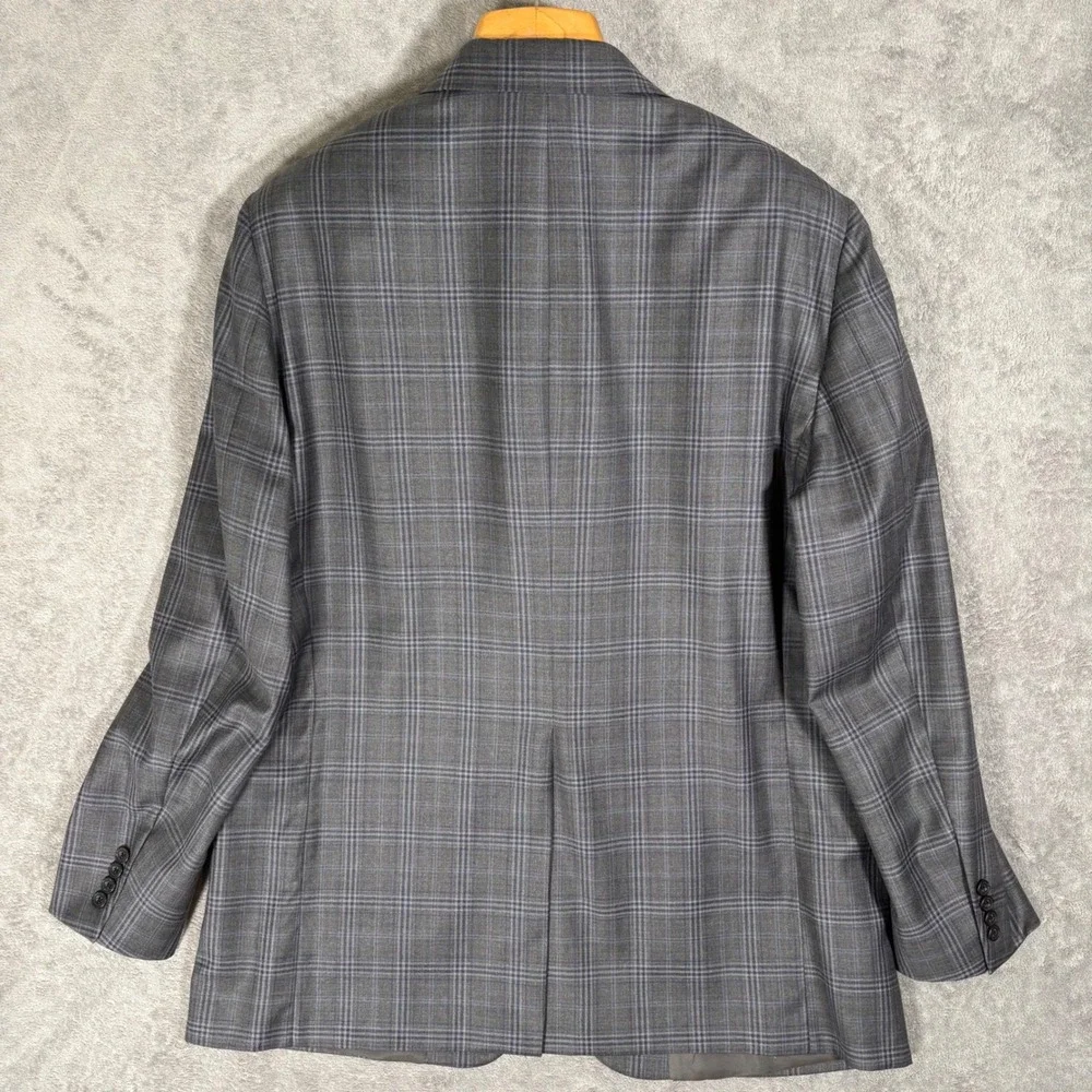 Hickey Freeman Lawrence Mens 46L Gray Blue Plaid Wool 2‎ Button Blazer Jacket